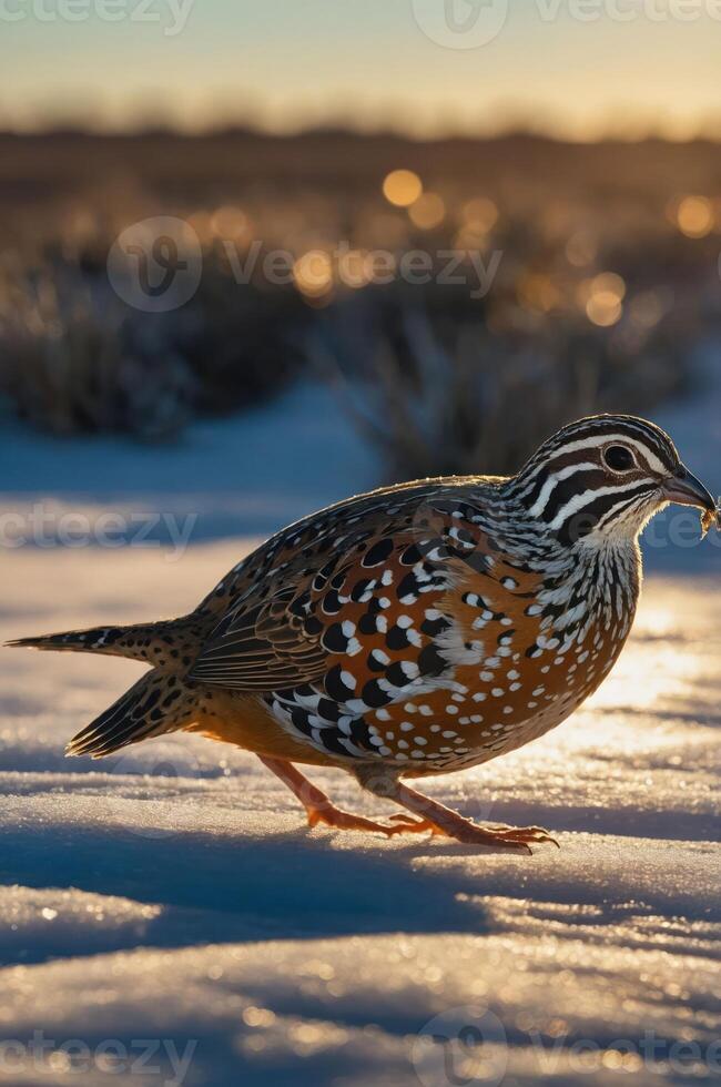 A close-up of a colorful bird walking on snow during sunset. photo