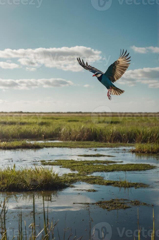 A bird in flight over a serene wetland landscape under a bright sky. photo