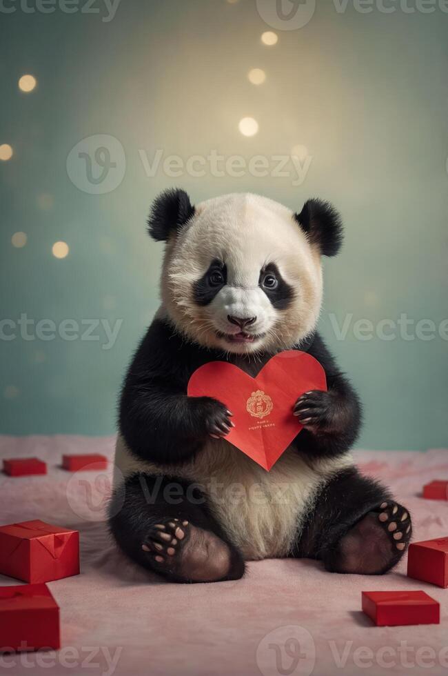 A cute panda holds a heart-shaped card amidst gift boxes, conveying a message of love. photo