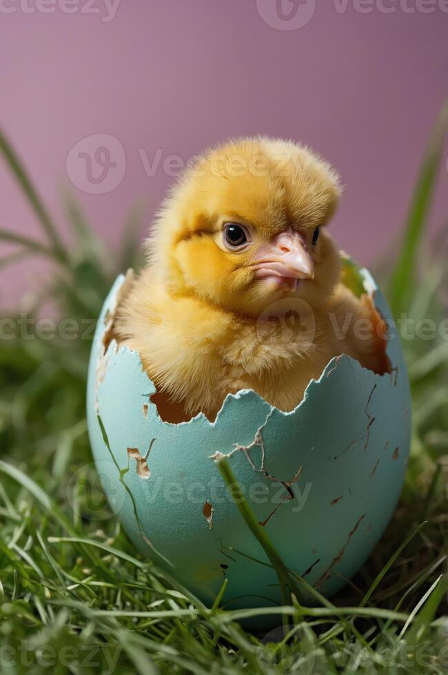 A yellow chick hatching from a light blue eggshell on green grass. photo