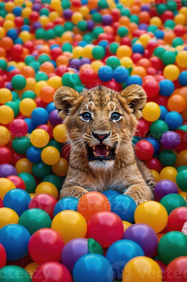 A playful lion cub surrounded by colorful plastic balls, evoking joy and innocence. photo