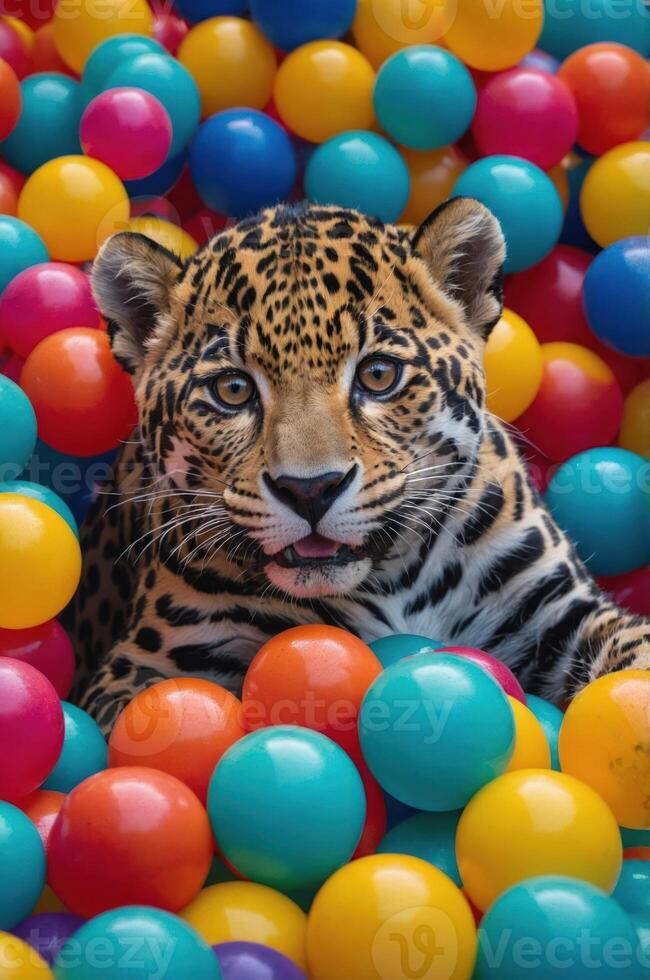 A playful jaguar surrounded by colorful plastic balls, creating a vibrant and whimsical scene. photo