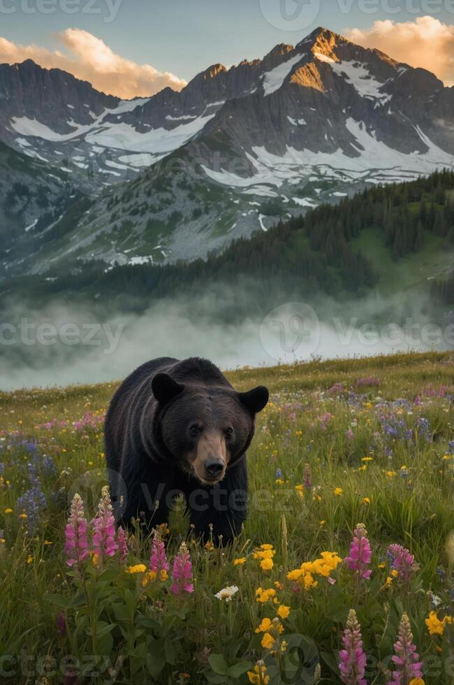 A bear stands in a vibrant flower field with mountains in the background during golden hour. photo