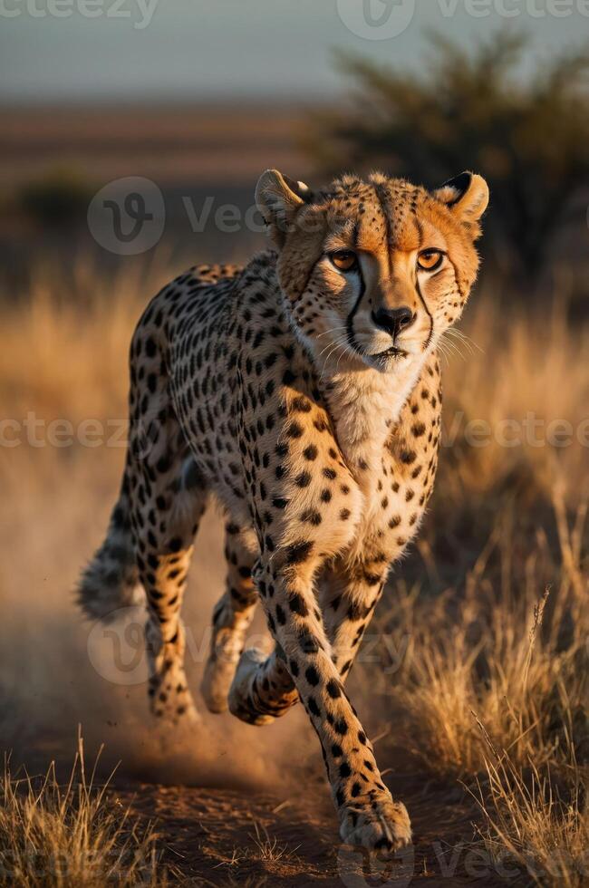 A cheetah runs swiftly across a golden grassland, showcasing its speed and grace. photo