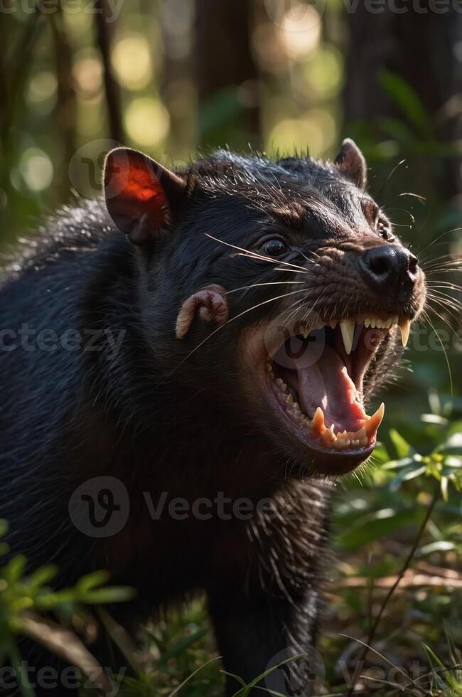 A Tasmanian devil roaring in the wild, showcasing its fierce demeanor and natural habitat. photo