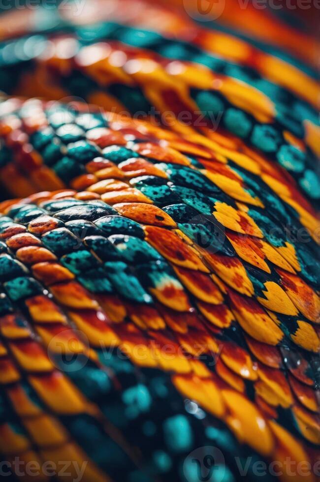 Close-up of vibrant, multicolored snake scales showcasing intricate patterns and textures. photo