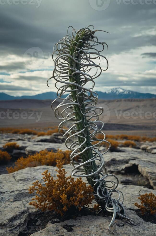 A tall, spiraled plant stands against a dramatic landscape with mountains and clouds in the background. photo