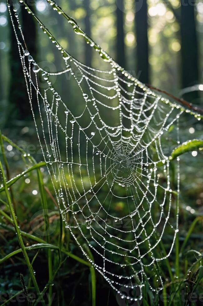 A close-up of a dew-covered spider web glistening in a forest setting. photo