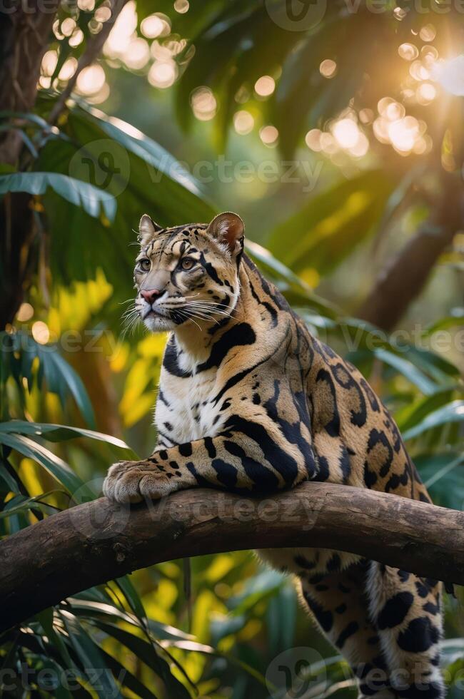 A majestic clouded leopard resting on a branch amidst lush green foliage. photo