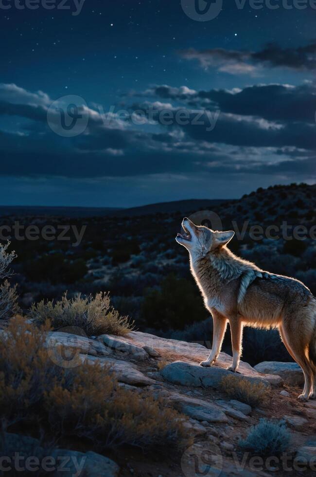 A coyote howling under a starry sky in a desert landscape at dusk. photo