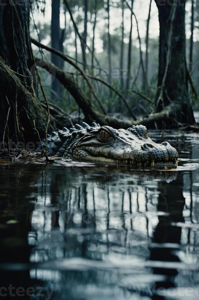 A close-up of a crocodile's head partially submerged in murky water among trees. photo
