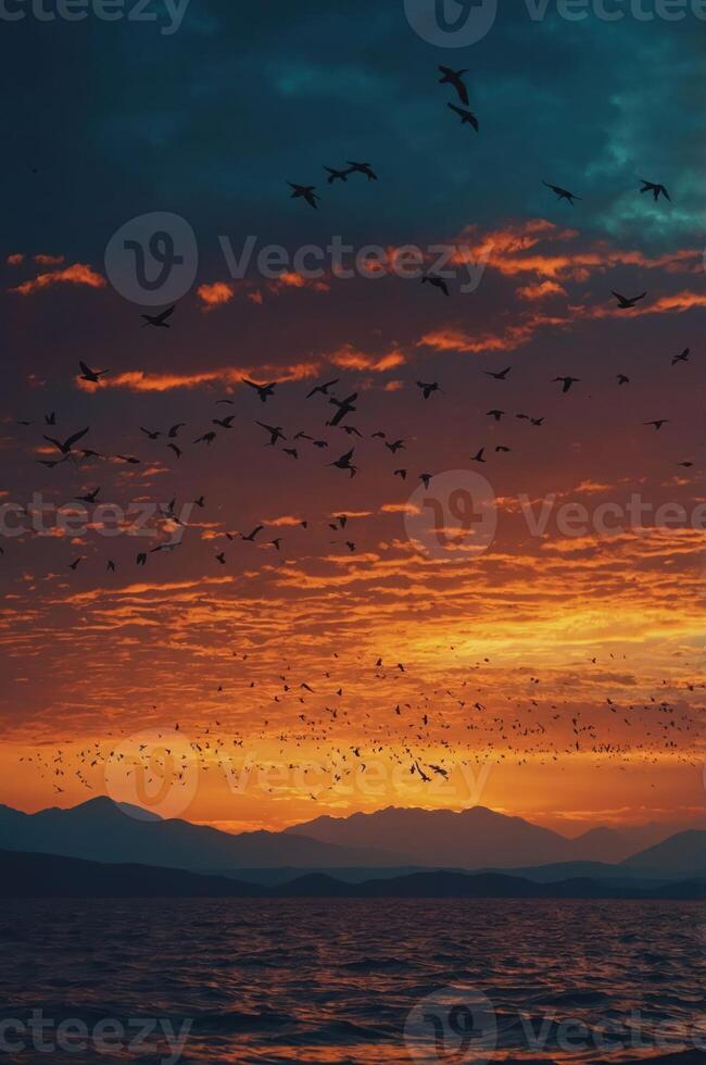 A stunning sunset over the ocean with birds flying against a colorful sky. photo