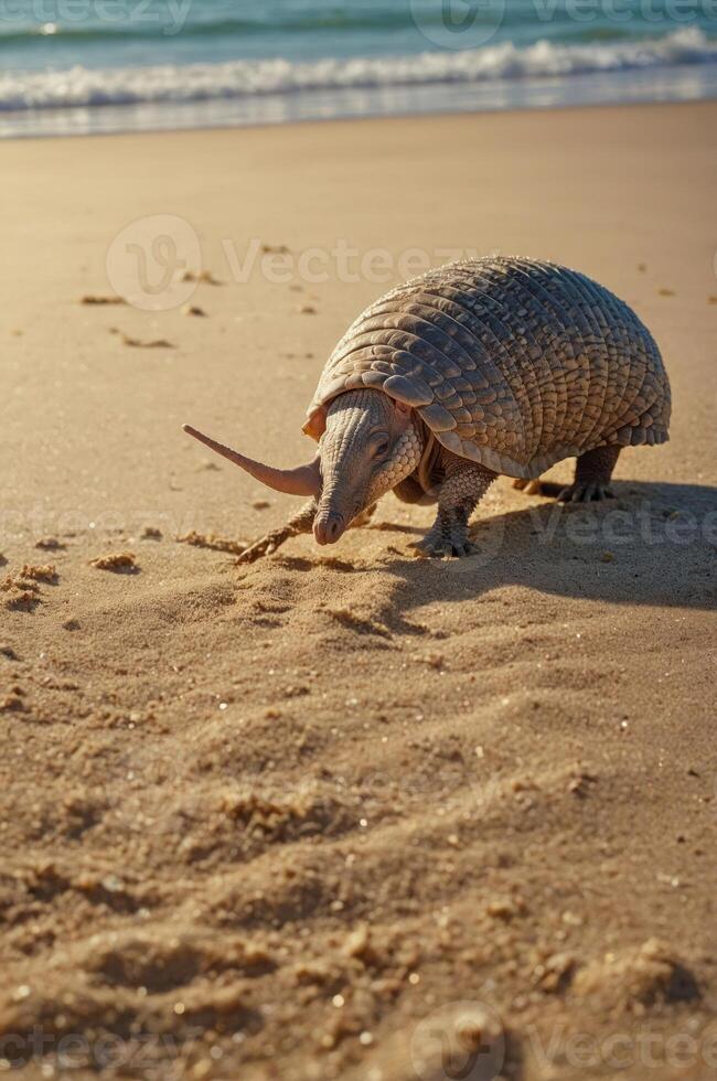 A turtle exploring the sandy beach near the water's edge. photo