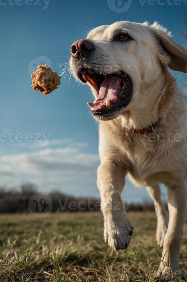 A joyful dog leaps to catch a treat in a sunny outdoor setting. photo