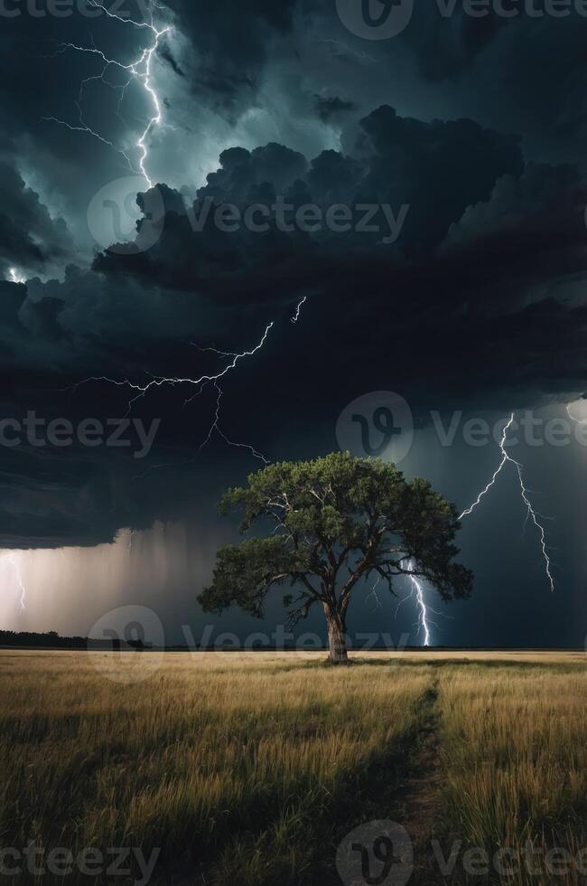 A dramatic storm scene featuring a solitary tree amidst dark clouds and lightning. photo