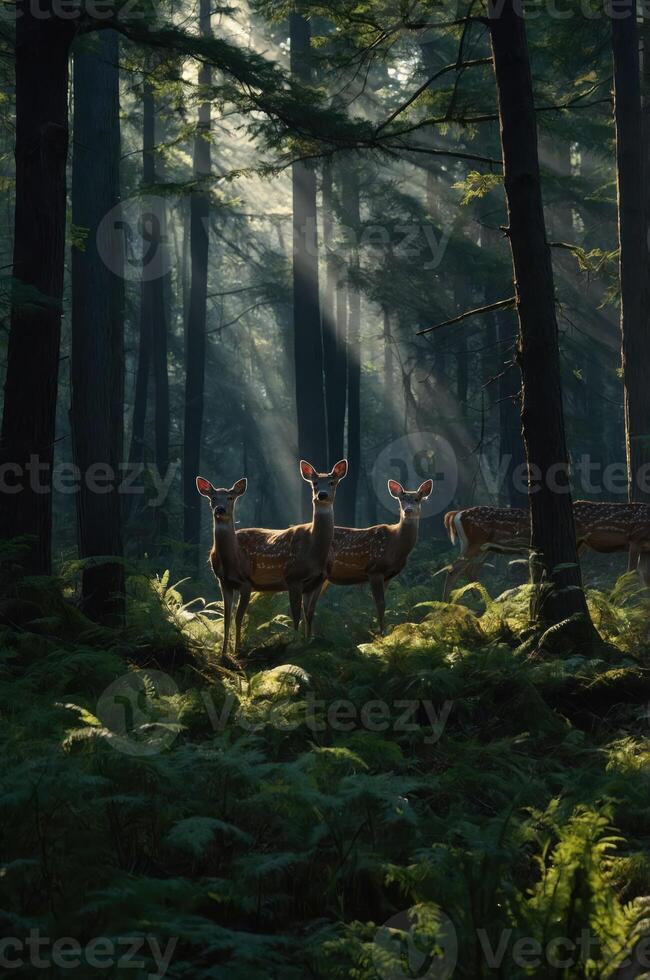 Three deer stand in a sunlit forest, surrounded by ferns and trees, creating a serene atmosphere. photo