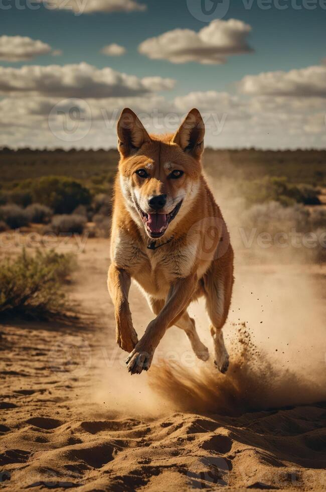 A joyful dog leaps through dusty terrain, capturing a moment of playful energy in nature. photo