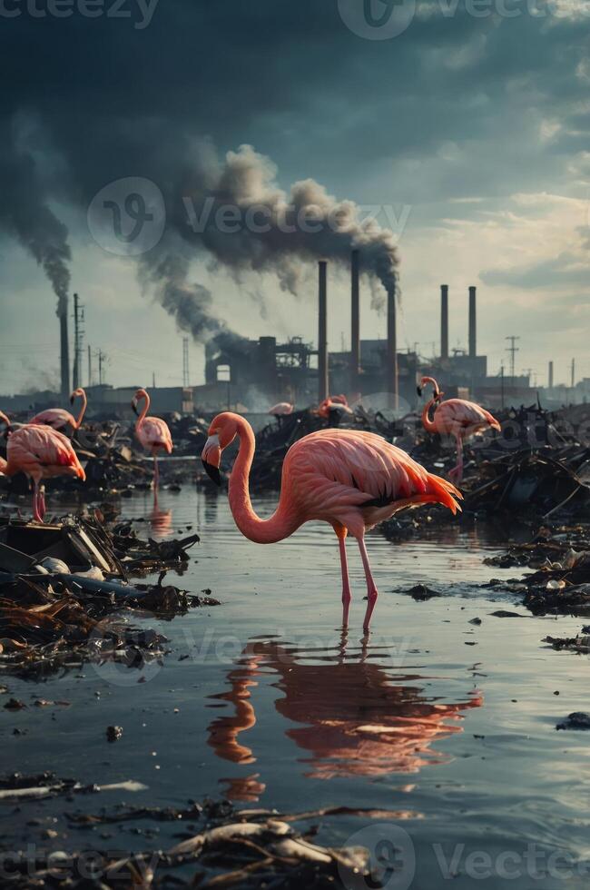A solitary flamingo stands in polluted water amidst industrial smoke and debris. photo