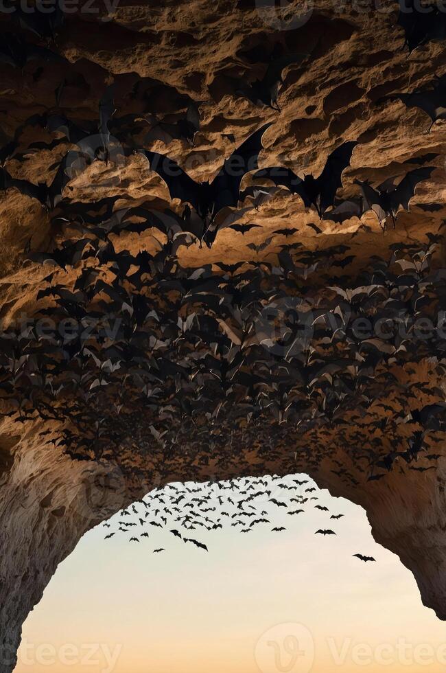 A large colony of bats flying out from a cave at sunset. photo
