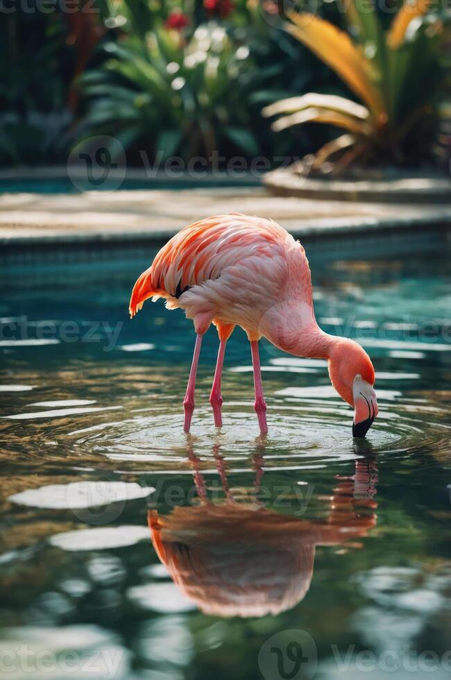 A flamingo wades in a serene pool, reflecting its vibrant colors in the water. photo