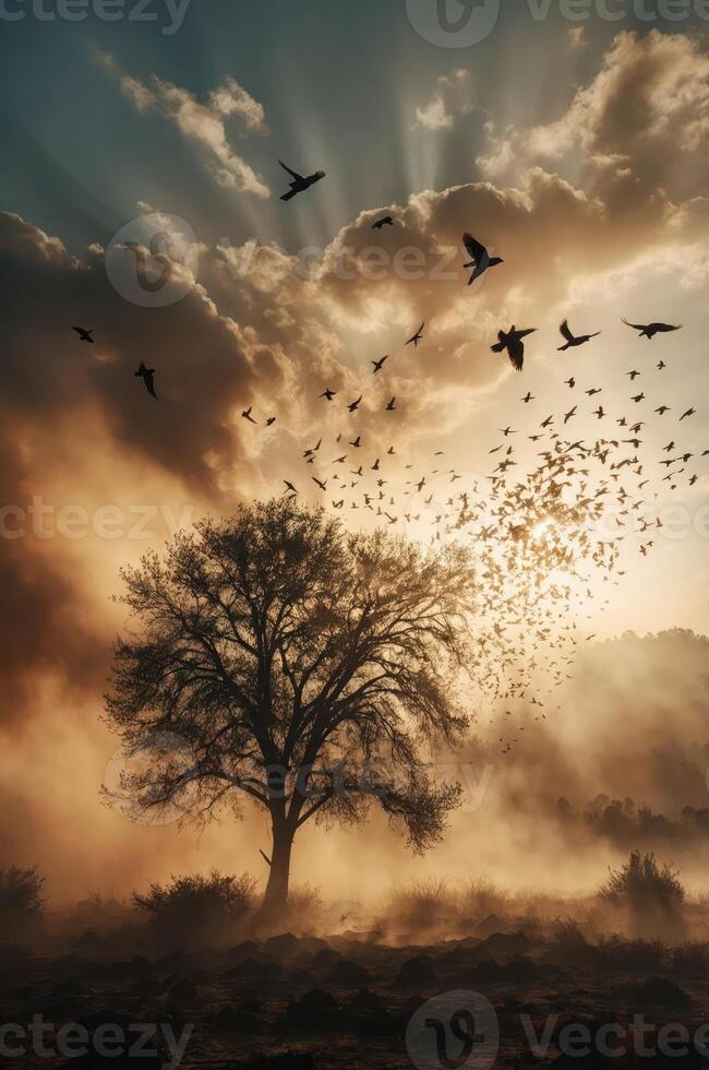 A serene landscape featuring a solitary tree silhouetted against a dramatic sky with birds. photo