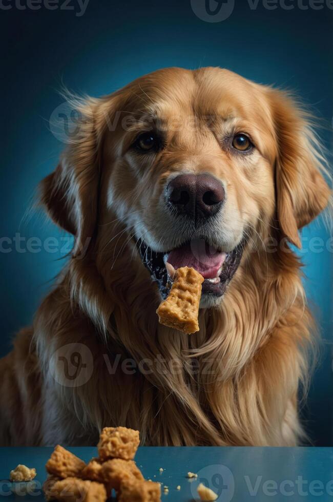 A golden retriever enjoying a treat with crumbs scattered around. photo