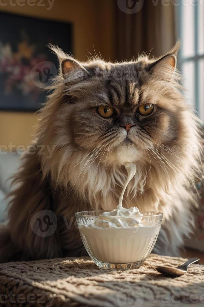 A fluffy cat sits beside a bowl of cream, creating a cozy and inviting atmosphere. photo