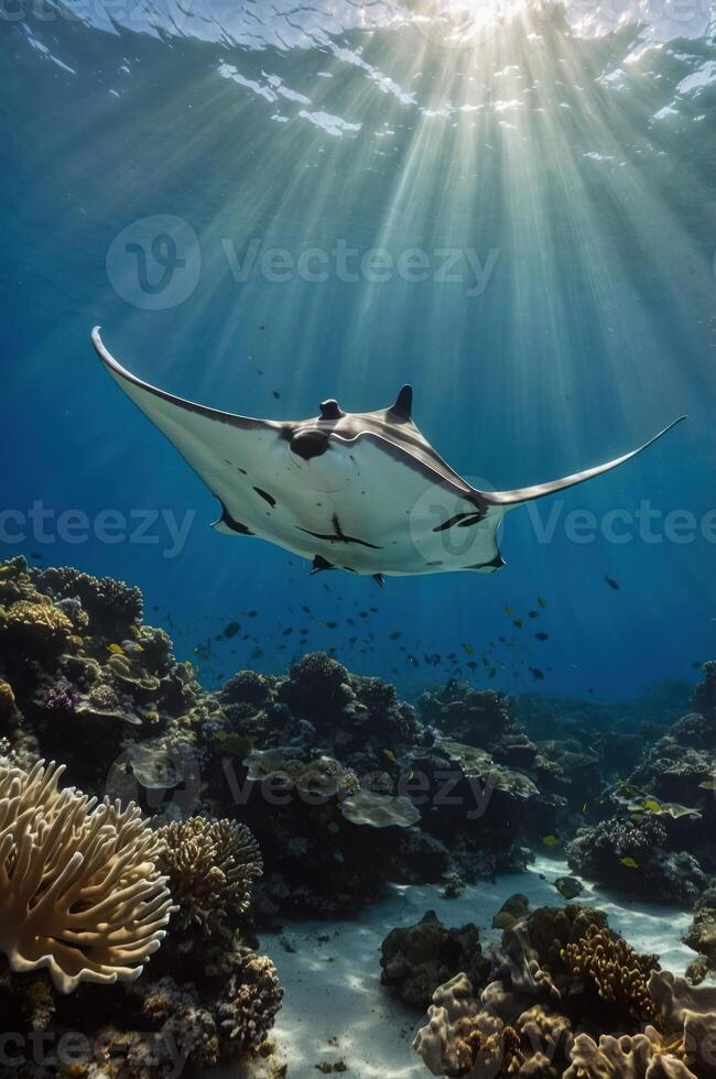 A majestic manta ray glides gracefully through a vibrant coral reef, illuminated by sunlight. photo