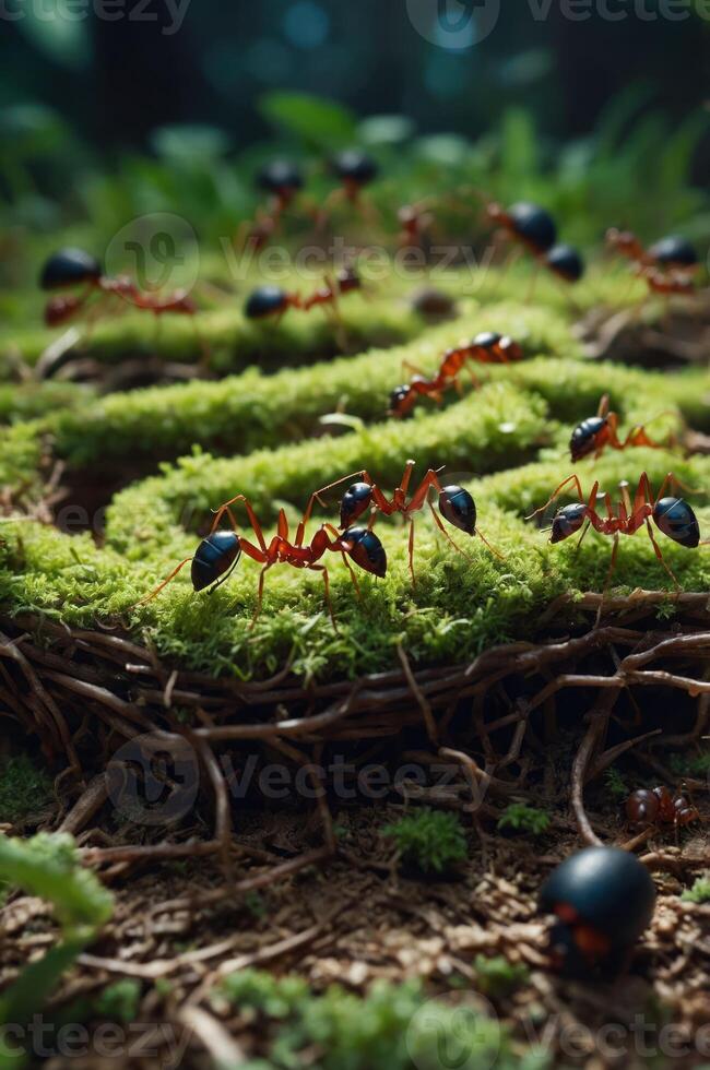 A close-up of ants on moss, showcasing their intricate nest structure in a forest setting. photo