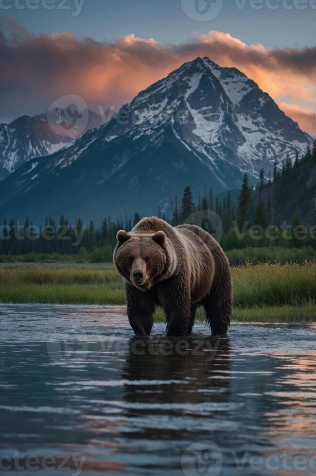 A majestic bear wades through water with a stunning mountain backdrop at sunset. photo