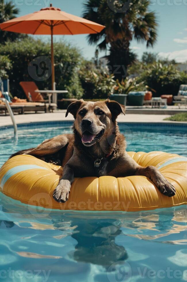 A dog relaxing on a yellow float in a pool on a sunny day. photo