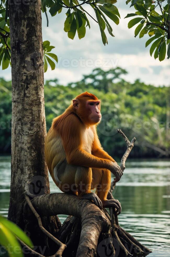 A solitary monkey perched on a tree by the water, surrounded by lush greenery. photo