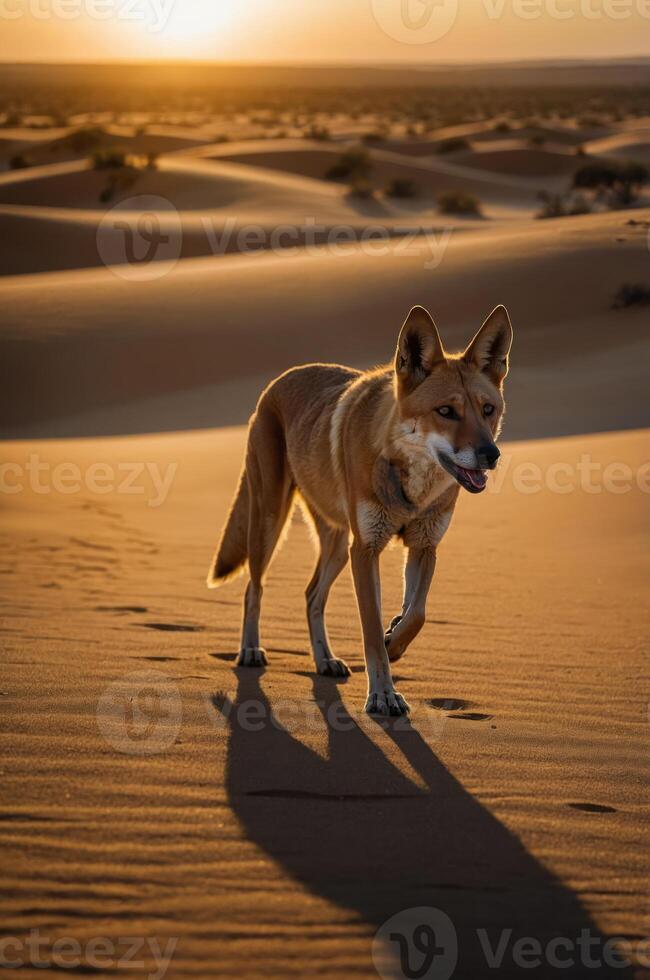 A dingo walks gracefully across sandy dunes during sunset, casting a long shadow. photo