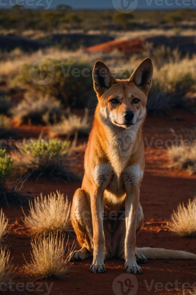 A dingo sitting in a desert landscape during golden hour, surrounded by sparse vegetation. photo