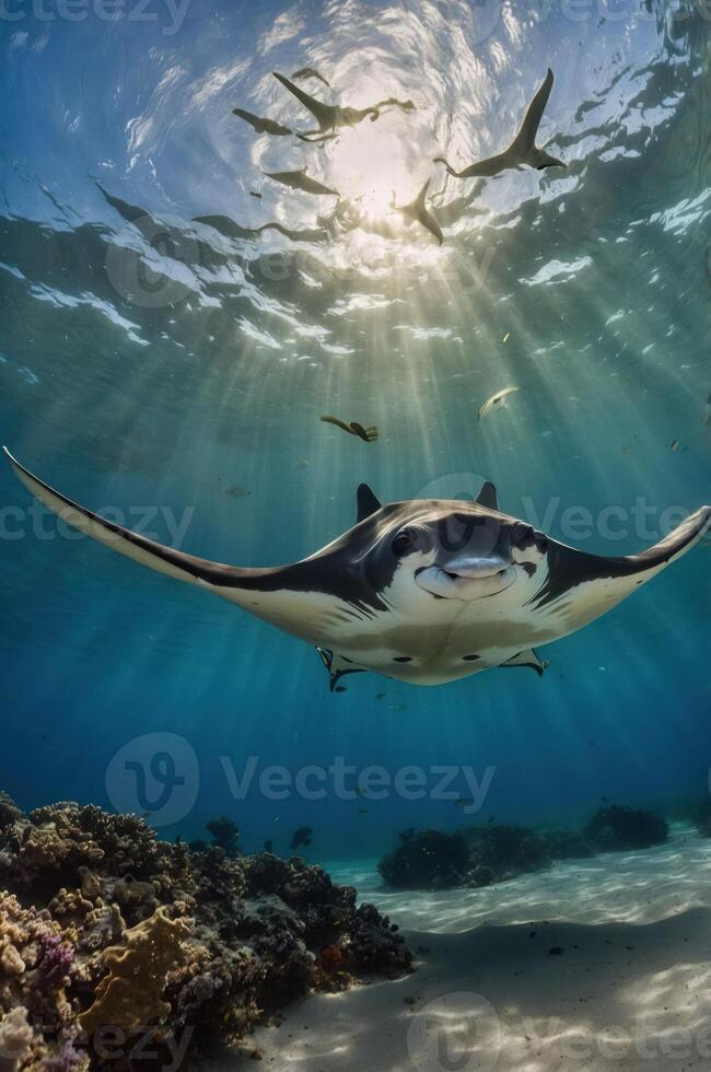 A majestic manta ray gliding through sunlit waters, surrounded by marine life. photo