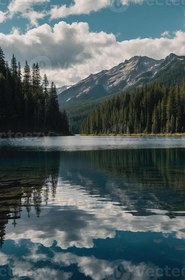 A serene lake surrounded by mountains and forests, reflecting clouds in the water. photo