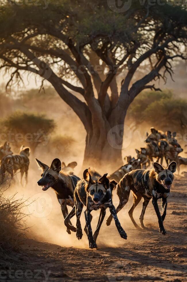 A pack of wild dogs running through dusty terrain under a large tree during golden hour. photo