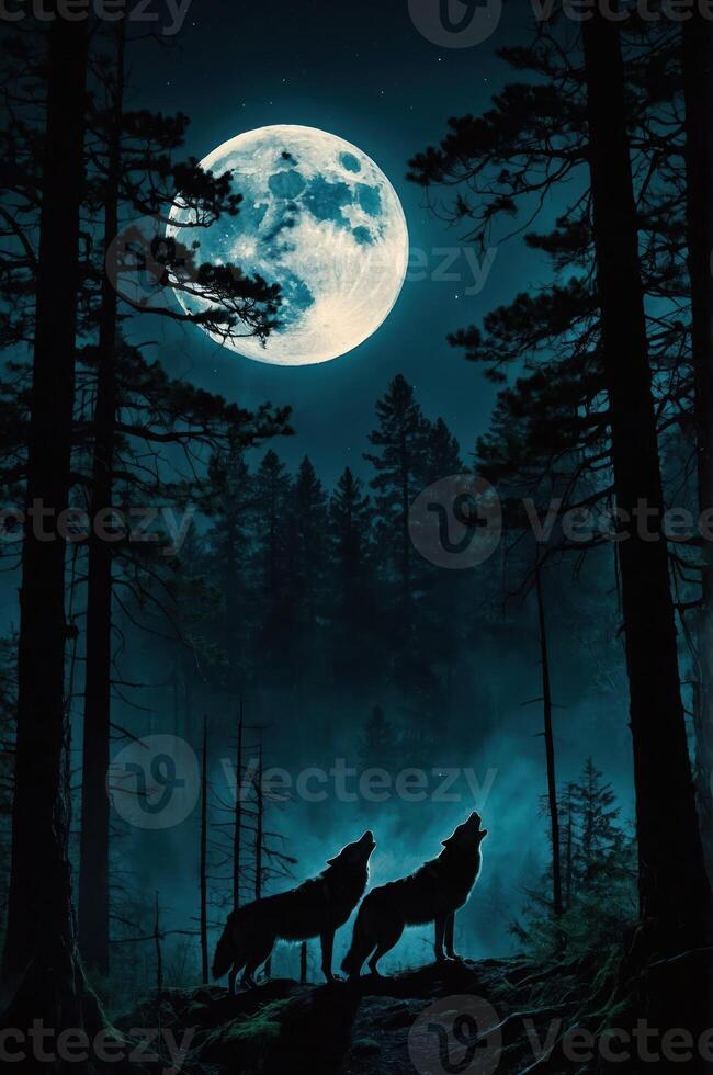 Two wolves howling under a full moon in a dark, misty forest. photo
