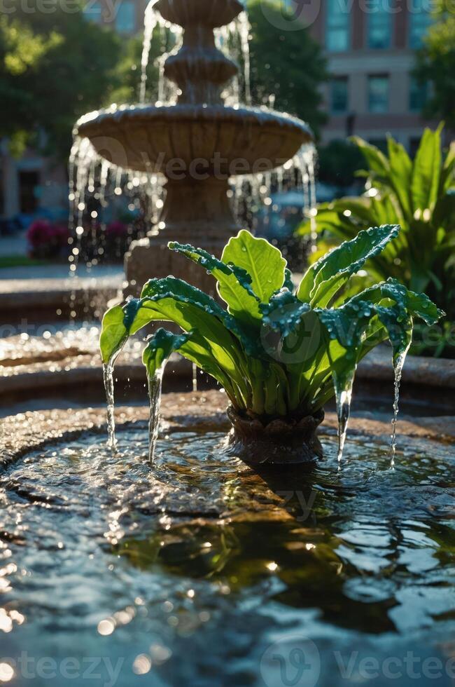 A serene fountain with water cascading over a leafy plant, creating a tranquil atmosphere. photo