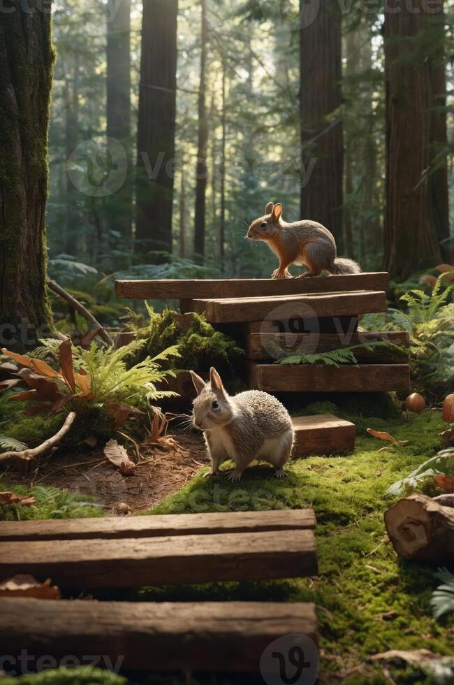 A serene forest scene featuring a squirrel and a rabbit among wooden structures and ferns. photo