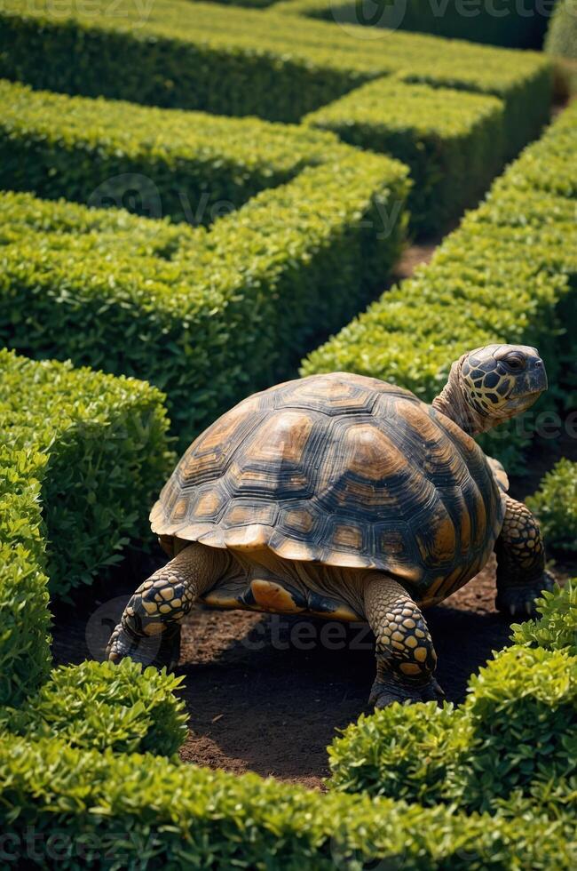 A tortoise navigating through a neatly trimmed hedge maze in a sunny garden setting. photo