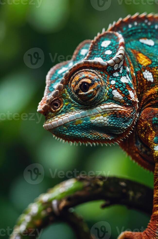 A colorful chameleon perched on a branch, showcasing its vibrant scales and intricate patterns. photo