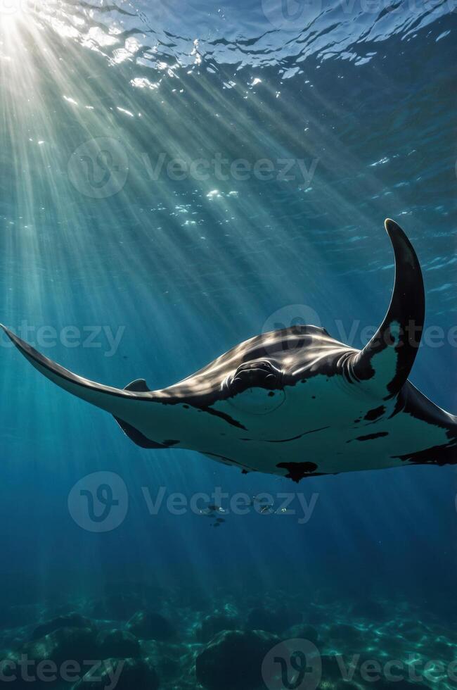 A manta ray gracefully glides through sunlit waters, showcasing the beauty of marine life. photo