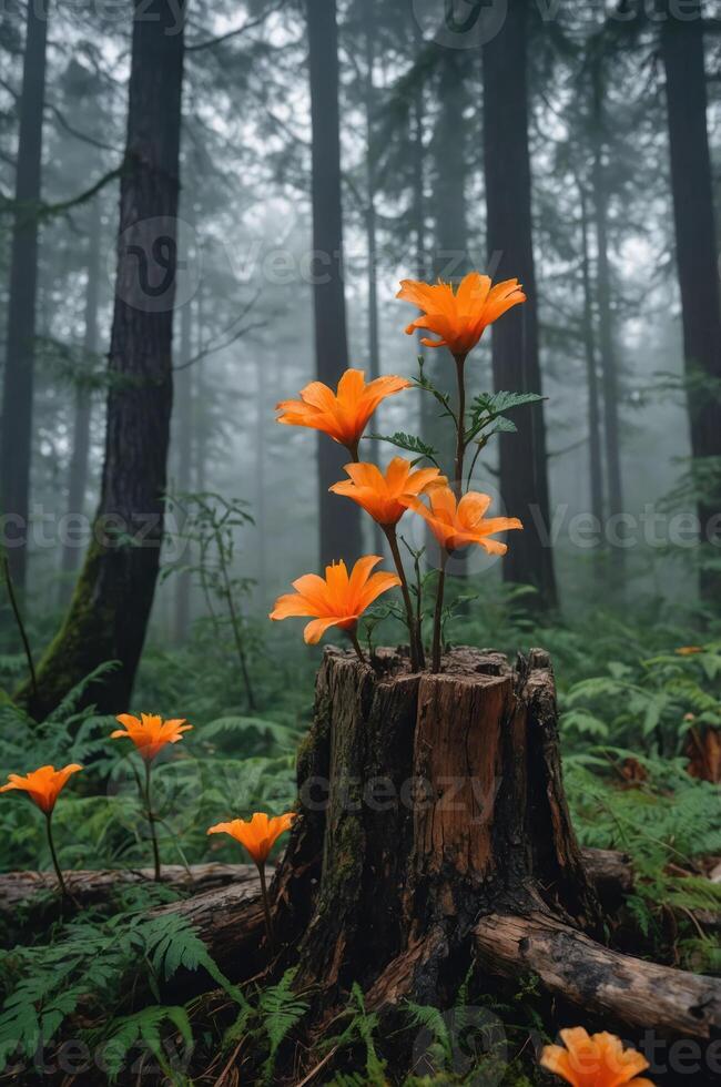 A serene forest scene featuring vibrant orange flowers emerging from a tree stump in mist. photo