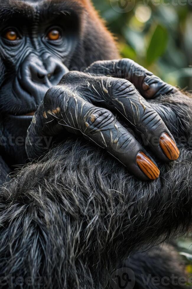 A close-up of a gorilla's hand resting on its arm, showcasing its textured fur and nails. photo