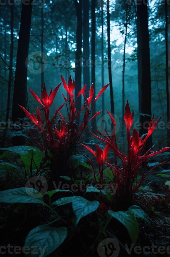 A mystical forest scene featuring glowing red plants amidst tall trees and mist. photo