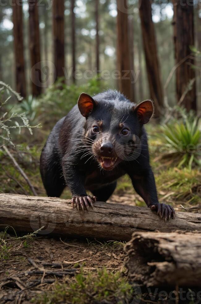 A Tasmanian devil climbing over a log in a forest setting. photo