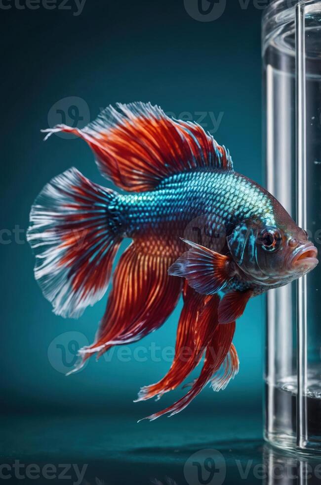 A vibrant betta fish with flowing fins swimming near a glass container. photo