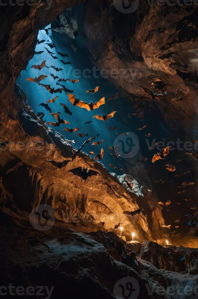 A cave illuminated by light, filled with bats flying in various directions. photo
