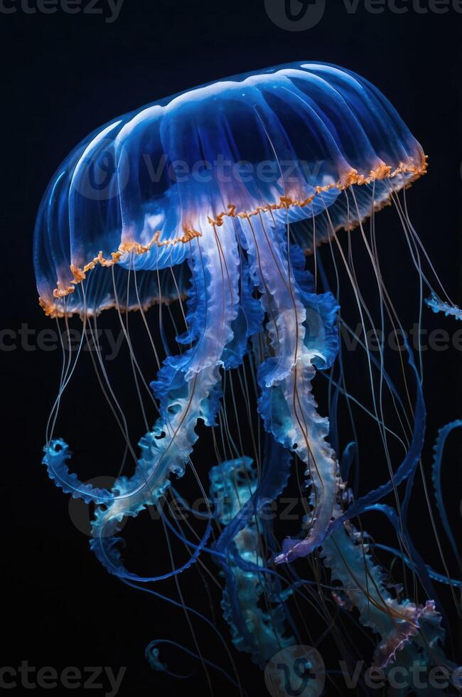 A vibrant jellyfish illuminated against a dark background, showcasing its graceful form. photo